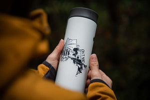 Ontario Sticker on a stylish travel mug, showcasing an original illustration by a Canadian artist.
