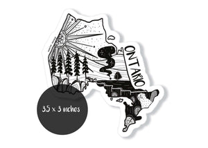 Ontario Sticker featuring black and white original illustration, perfect for outdoor use, made in Canada.