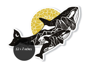 Orca Baby Sticker featuring black and white orca illustrations with a glossy finish, made in Canada.