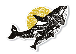 Orca Baby Sticker featuring black and white original illustration of orcas with a glossy vinyl finish.