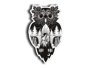 Owl Sticker featuring an original illustration in black and white, perfect for outdoor use, made in Canada.