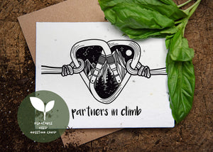 Partners in Climb, Plantable Seed Greeting Card with black and white illustration and basil leaves.