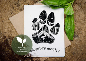 Adventure Awaits, Plantable Seed Greeting Card with original black and white illustration on eco-friendly paper.