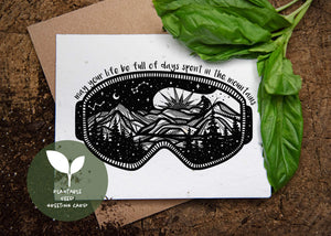 May Your Life Be Full of Days Spent in the Mountains, Plantable Seed Greeting Card with black and white mountain illustration.