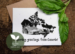 Sending Greetings From Canada, Plantable Seed Greeting Card with black and white original illustrations on eco-friendly paper.