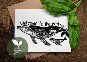 Welcome To The Pod, Little One; Plantable Seed Greeting Card featuring black and white whale illustration with basil seeds.