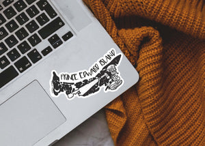 Prince Edward Island Sticker on a laptop, featuring black and white original illustration, perfect outdoor sticker.