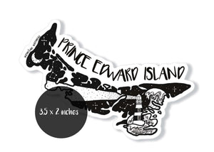 Prince Edward Island Sticker featuring original illustration in black and white, made in Canada, and perfect for outdoors.