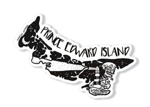Prince Edward Island Sticker featuring black and white original illustration, made in Canada, a durable vinyl outdoor sticker.
