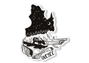 Quebec Sticker featuring outdoor designs, black and white original illustration, made in Canada, vinyl sticker.