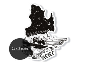 Quebec Sticker featuring black and white original illustration, made in Canada, perfect for outdoor and permanent use.