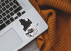Quebec Sticker featuring black and white original illustration on a laptop, made in Canada with durable vinyl.