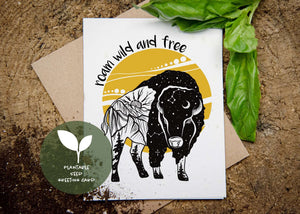 Roam Wild And Free, Plantable Seed Greeting Card featuring original black and white illustrations on a compostable card.