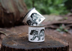 Roaming Bear Enamel Mug featuring enamel drinkwear with original illustration by Canadian artist, perfect for outdoor adventures.