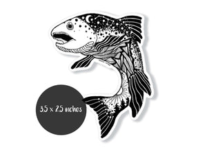 Salmon Sticker featuring black and white original illustration, glossy vinyl outdoor sticker made in Canada.