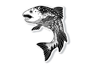 Salmon Sticker featuring an original black and white illustration of a salmon fish, perfect outdoor sticker made in Canada.