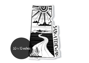 Saskatchewan Sticker featuring original illustration in black and white, durable vinyl, made in Canada, outdoor sticker.