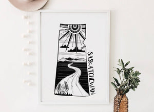 Saskatchewan Print featuring black and white outdoor illustrations, eco-friendly art print made in Canada.