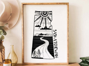 Saskatchewan Print showcasing eco friendly art print, black and white outdoor illustrations by a Canadian artist.