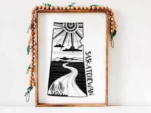 Saskatchewan Print featuring eco friendly art print by Canadian artist with black and white outdoor illustrations.