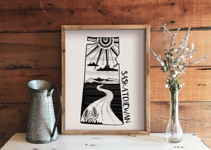 Saskatchewan Print featuring black and white illustrations, eco friendly art print made in Canada on 100% recycled paper.