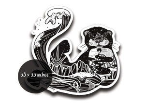 Sea Otter Sticker featuring original illustration in black and white, glossy vinyl finish, made in Canada.