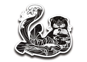 Sea Otter Sticker featuring original black and white illustration, perfect for outdoor, permanent use by Canadian artist.