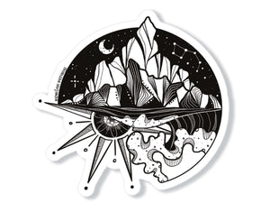 Sea to Sky Sticker featuring black and white original illustration of mountains and water, made in Canada.