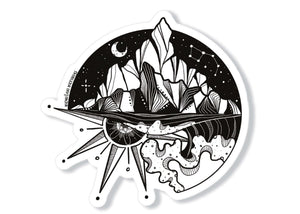 Sea to Sky Sticker featuring black and white original illustration of mountains and water, made in Canada.