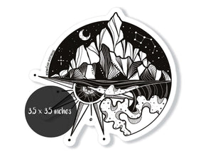Sea to Sky Sticker featuring black and white original illustration, 3.5 x 3.5 inches outdoor vinyl sticker made in Canada.