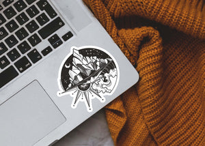Sea to Sky Sticker on a laptop, features black and white original illustration, perfect outdoor sticker made in Canada.