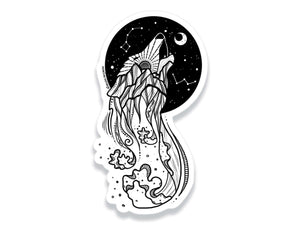 Sea Wolf Sticker featuring an original illustration in black and white, made in Canada, perfect for outdoor use.