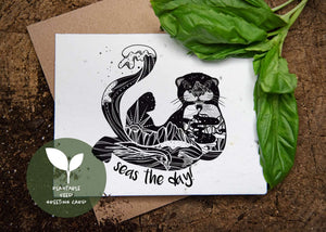 Seas The Day, Plantable Seed Greeting Card featuring black and white original illustrations and eco-friendly design.