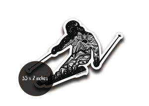 Skier Sticker featuring original illustration in black and white, durable vinyl outdoor sticker, 3.5 x 2 inches.