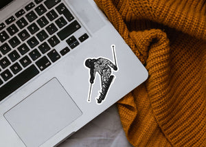 Skier Sticker on a laptop, black and white outdoor sticker with original illustration, waterproof and scratch-resistant.
