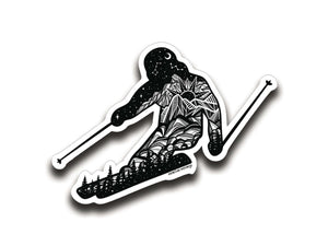Skier Sticker featuring a black and white original illustration, perfect outdoor sticker for smooth surfaces.