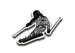 Skier Sticker featuring a black and white original illustration, perfect outdoor sticker for smooth surfaces.