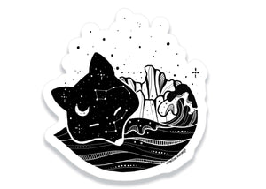Sleeping Fox Sticker: black and white outdoor sticker featuring an original illustration of a fox and waves.