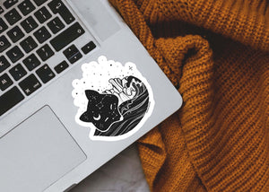 Sleeping Fox Sticker on a laptop, featuring black and white original illustration, made in Canada.