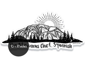 The Stawamus Chief Sticker featuring a black and white illustration of the mountain, perfect for outdoor use.