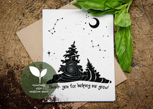 Thank You For Helping Me Grow, Plantable Seed Greeting Card with original black and white illustrations.