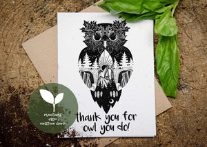 Thank You For Owl You Do, Plantable Seed Greeting Card featuring black and white owl illustration with basil.