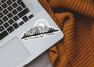 The Stawamus Chief Sticker on a laptop, featuring an original black and white illustration, made in Canada.