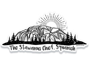 The Stawamus Chief Sticker featuring original black and white illustration, a durable outdoor vinyl sticker made in Canada.