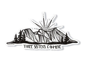 Three Sisters Mountain Sticker featuring original black and white illustration, glossy vinyl, made in Canada.