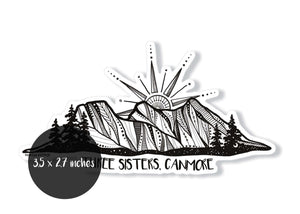 Three Sisters Mountain Sticker featuring a black and white original illustration on vinyl for outdoor use.