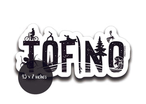 Tofino Sticker, outdoor sticker, black and white design, original illustration by Canadian artist, vinyl sticker.