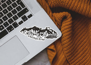 Vancouver Island Sticker on laptop, a durable black and white outdoor sticker by a Canadian artist, made in Canada.