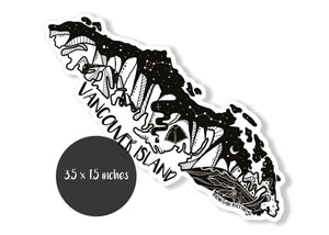 Vancouver Island Sticker featuring black and white original illustration, 3.5 x 15 inches, made in Canada.