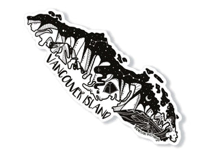 Vancouver Island Sticker featuring original black and white illustration, made in Canada, durable vinyl outdoor sticker.